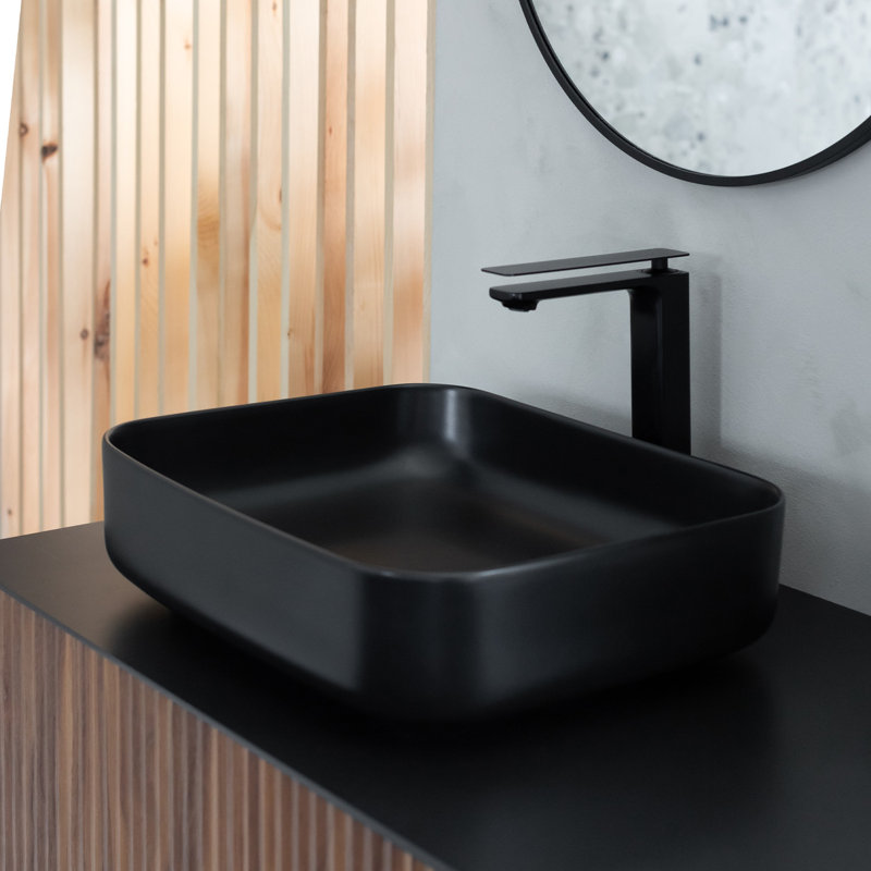 Lavabo de salle de bain vasque rectangulaire en céramique blanche, Noir mat