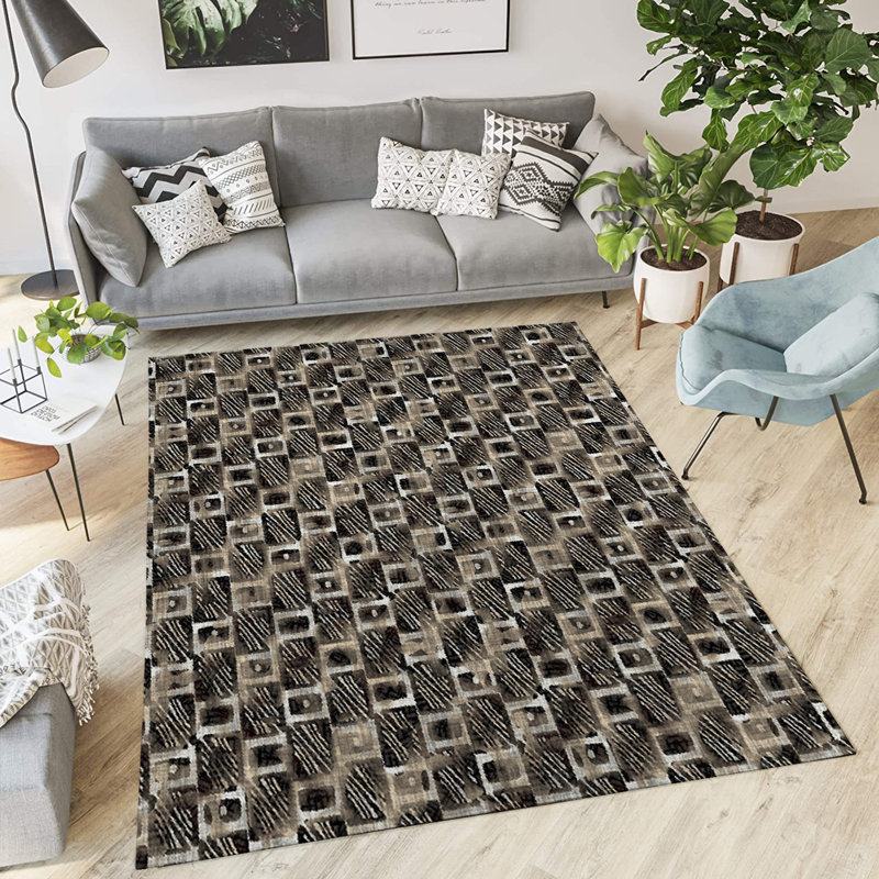 Tapis intérieur / extérieur rectangulaire en polyester tissé à la machine à motif géométrique noir / brun