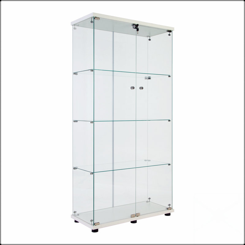 Modern LED Strip Light Two Door Glass Display Cabinet With 4 Shelves, White, Perfect For Showcasing And Storage, White