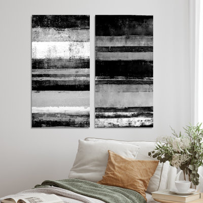 Ensemble de 2 peintures sur toiles - bandes abstraites noires et blanches