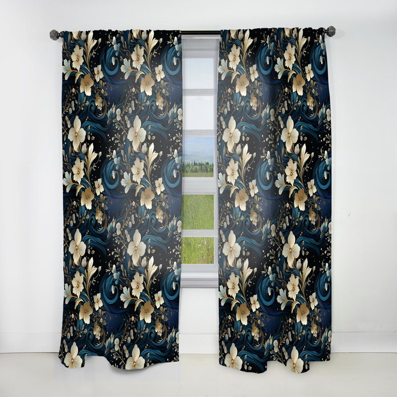 Rideau obscurcissant en marbre bleu minuit et doré à motif floral I - 1 panneau, L 52 po x L 120 po