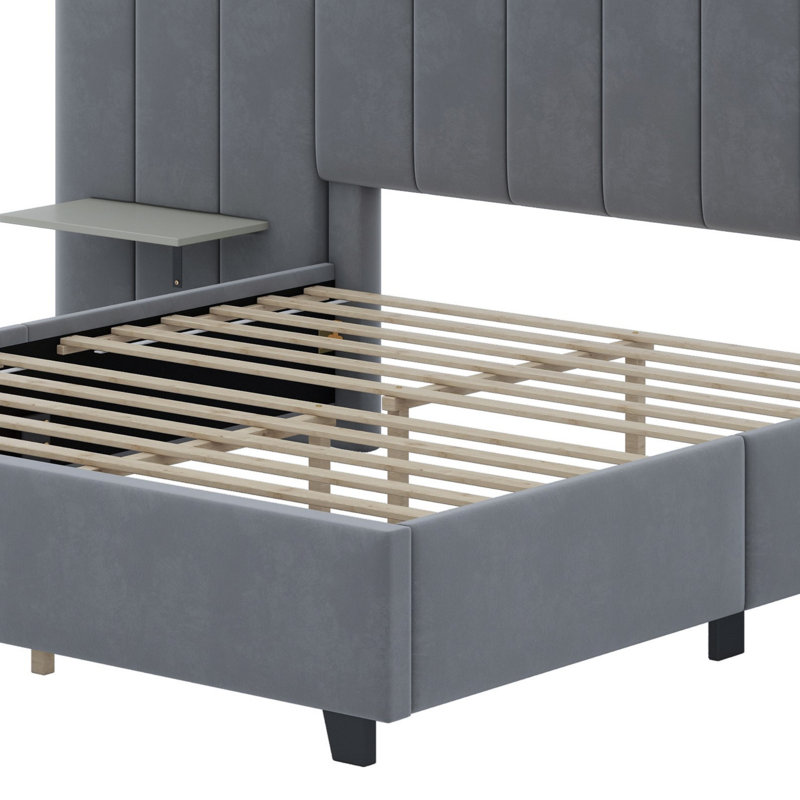Lit plateforme tapissier avec grande tête de lit, gris