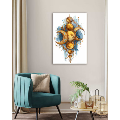 «Triple Moon Goddess», art mural en verre trempé, décor de phase céleste - ornements mystiques soleil doré, cadeau esthétique bohème sorcière, grande impression galaxie