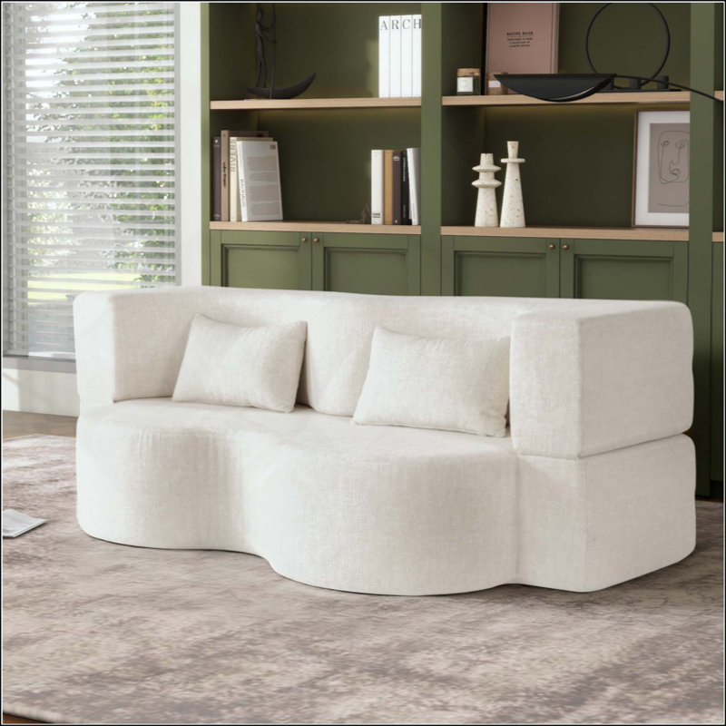 Canapé-lit 2-en-1 pliable, canapé-lit convertible sans dossier pliable, canapé-lit en mousse à mémoire de forme et rembourrage en fausse fourrure avec 2 coussins pour le salon