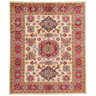 8x10 Ivory and Red Kazak Tribal Rug