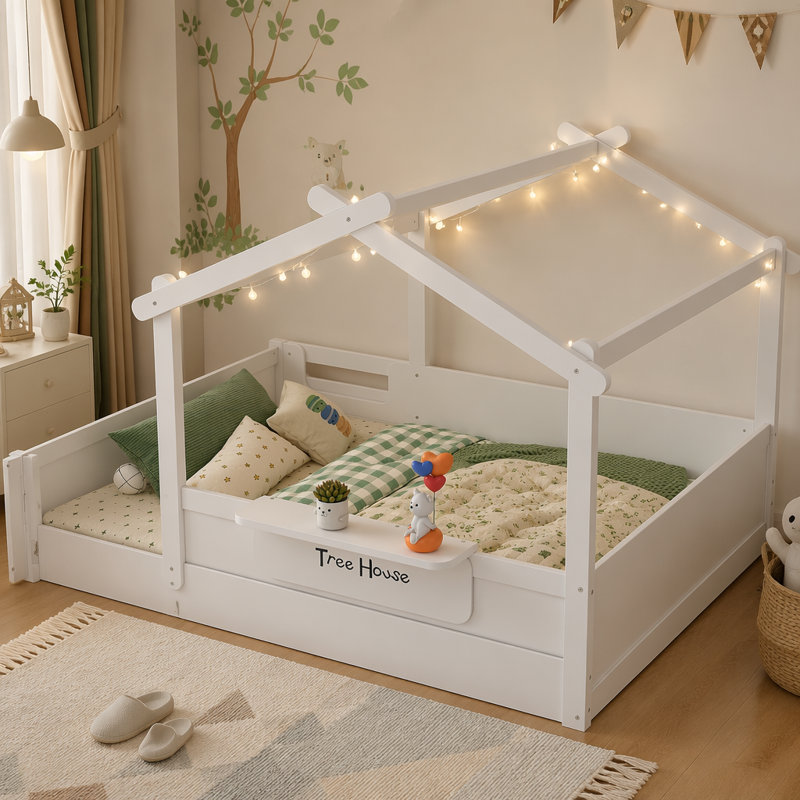 Lit double pleine grandeur en forme de maison avec garde-corps, plateau intégré et panneau personnalisable pour enfants, blanc