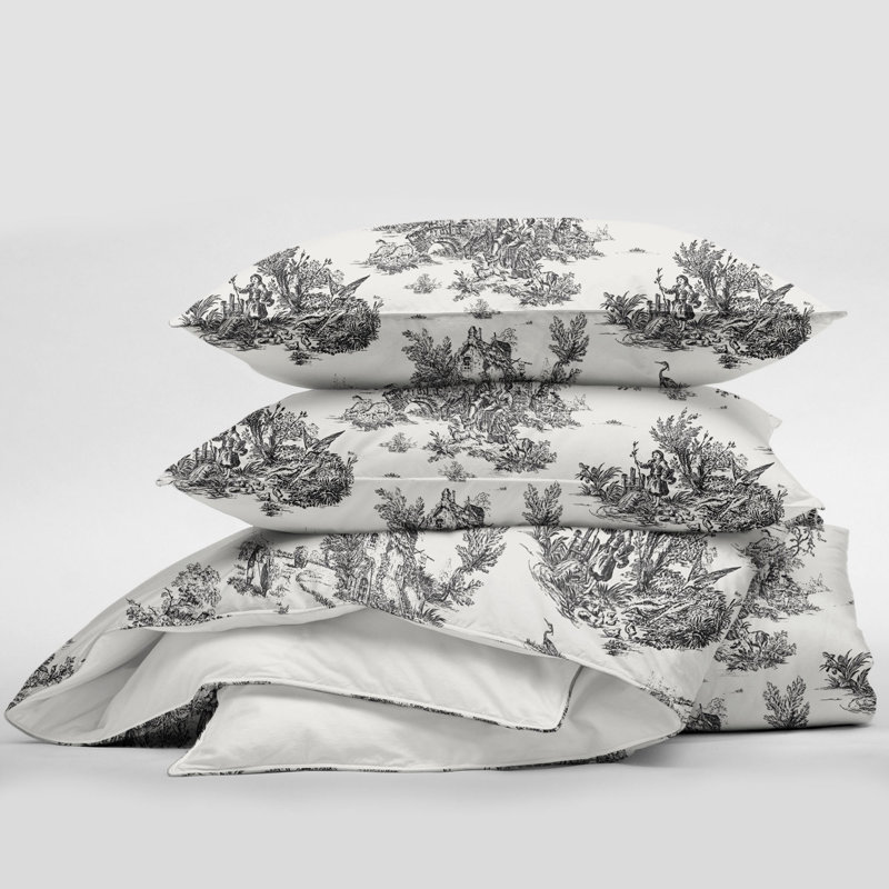 Ensemble d'édredon en coton Toile De Jouy, Noir, Édredon double et 2 taies décoratives