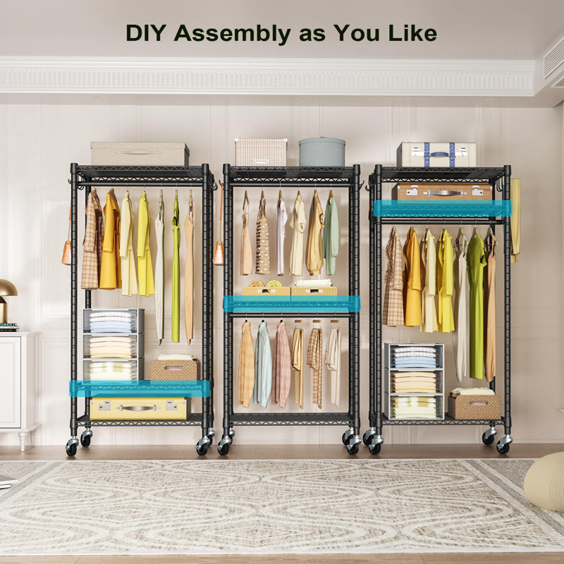 Black Portable Wire Closet System with Wheels, 23.6'' W x 14'' D x 74.5'' H