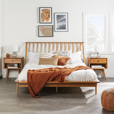 Mid-Century  Solid Wood  Platm Bed Frame With Spindle Headboard Walnut