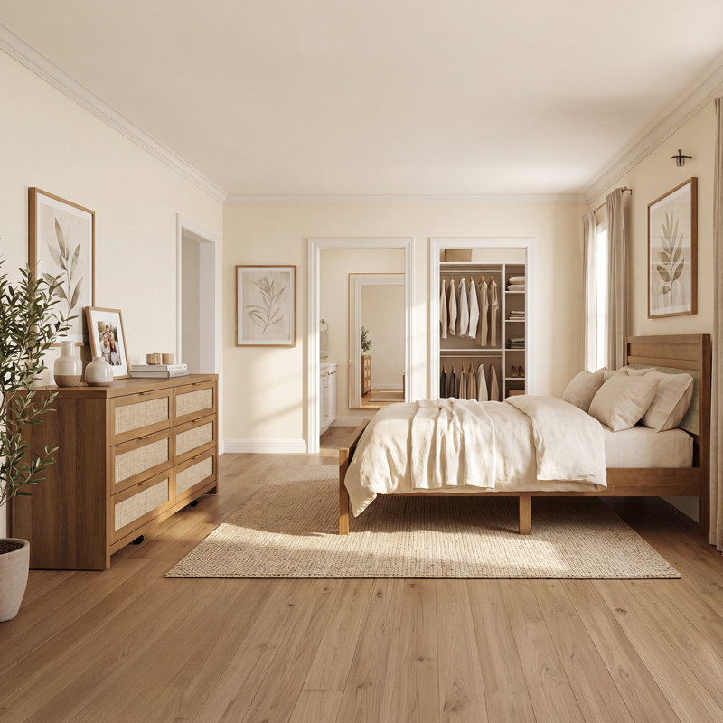 Ensemble de chambre à coucher en rotin 4 pièces Farmhouse & Boho, Brun, Ensemble de quatre pièces : lit, deux tables de c