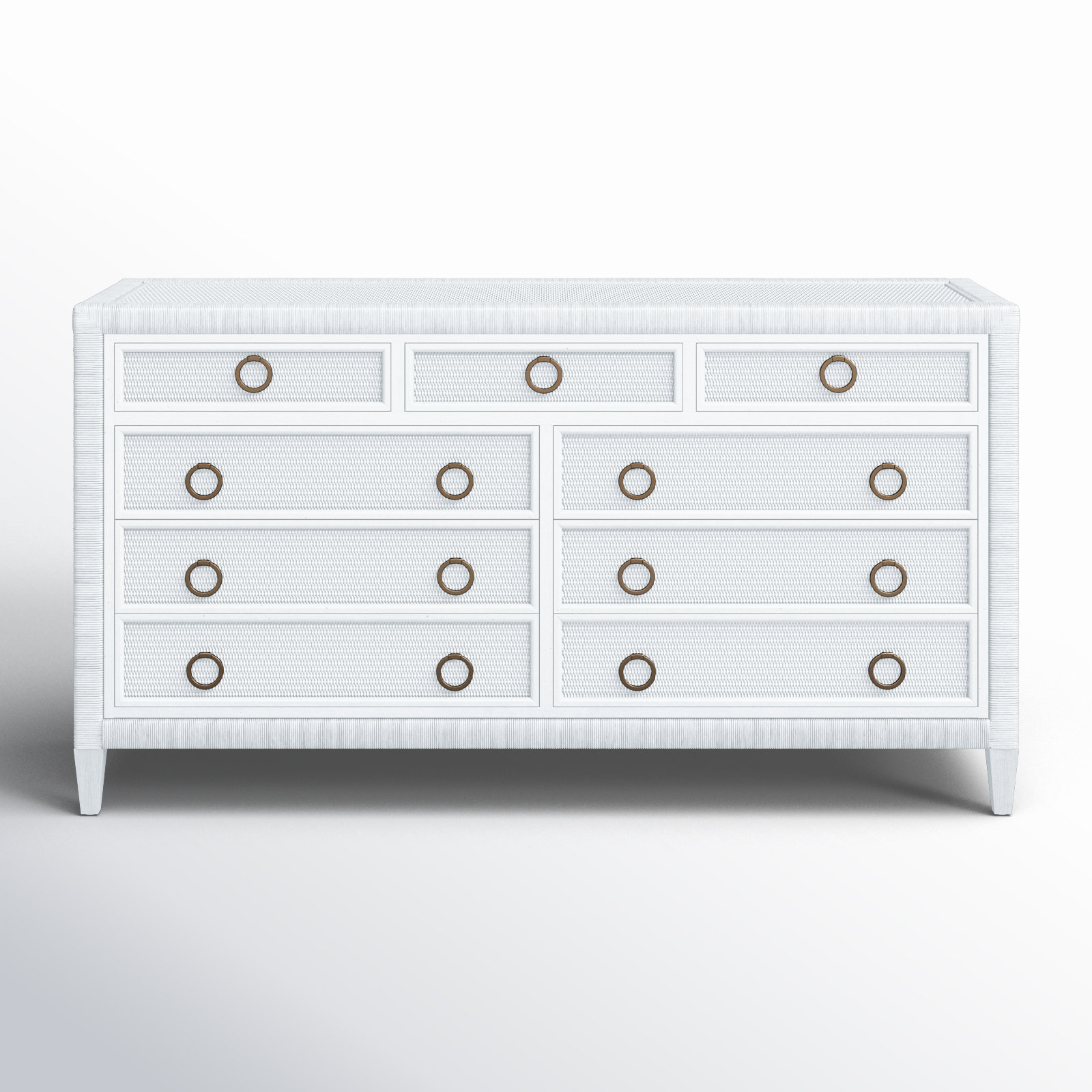 Warwick 9 Drawer 64" W Rattan Double Dresser, Frost White, Satin Brass
