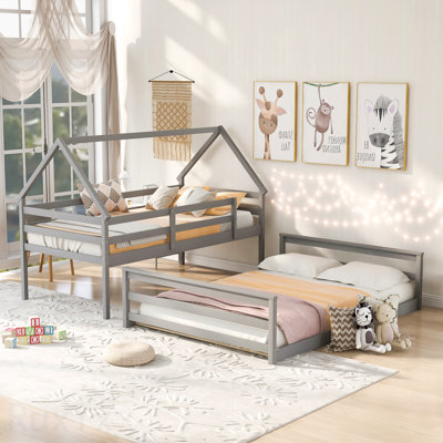 Twin Over Full House Bunk Bed With Built-In Ladder,Gray