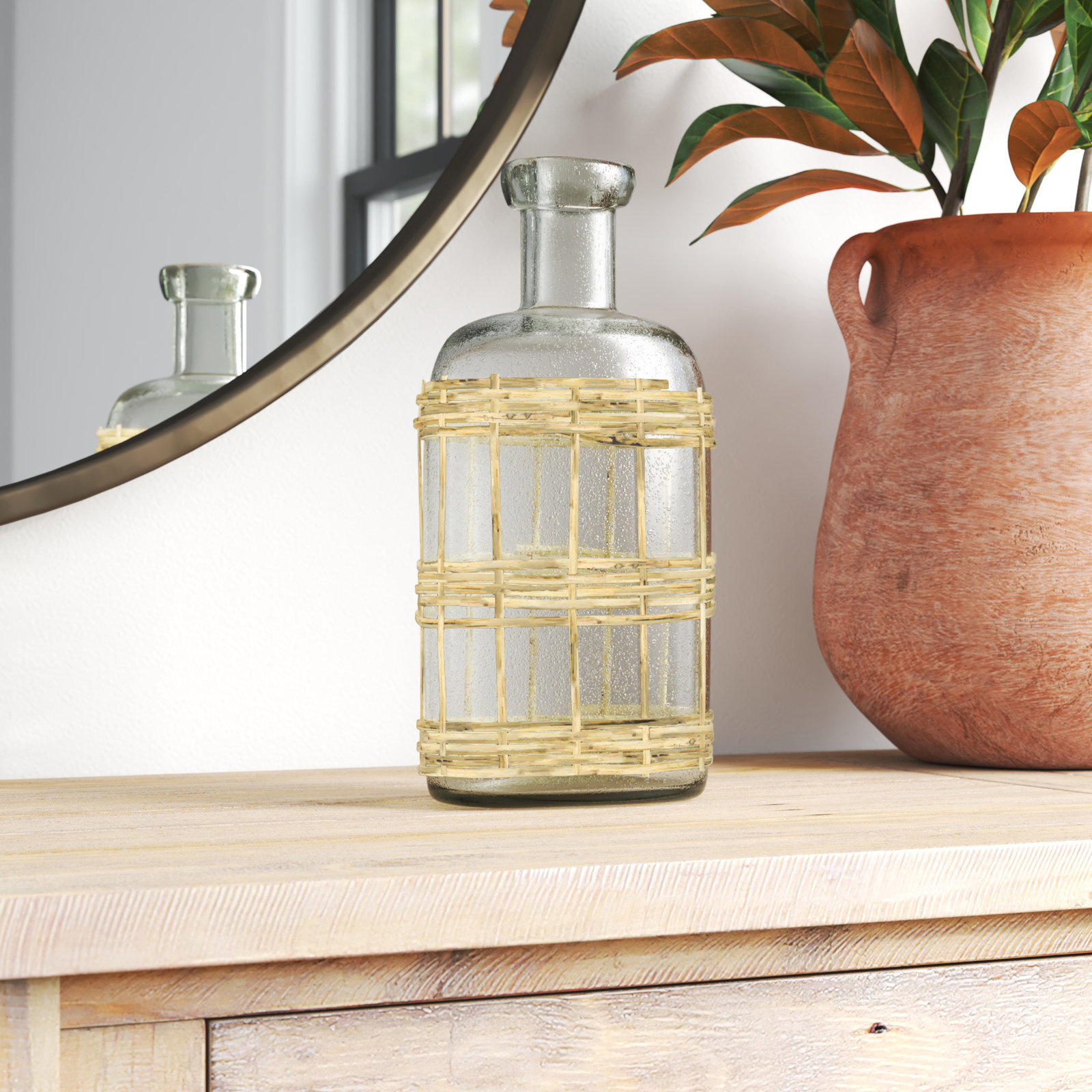 Cotter Bottle, Glass & Rattan - Medium, 10" H x 3" W x 5" D
