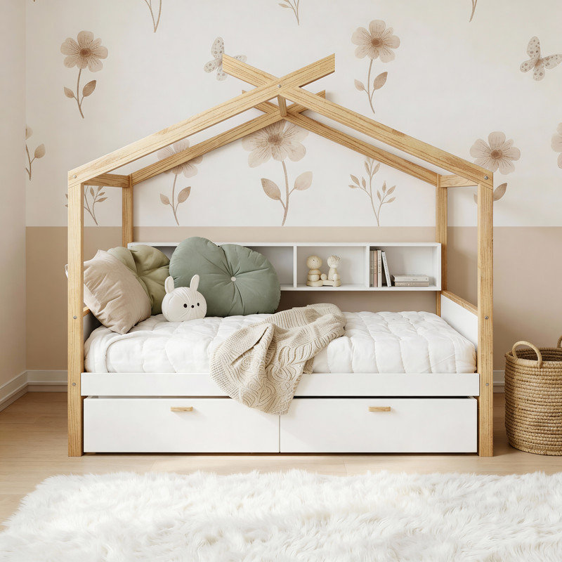House-shaped Canopy Bed, Canopy Bed Frame with Two Drawers and Bookshelf Storage Space, Full