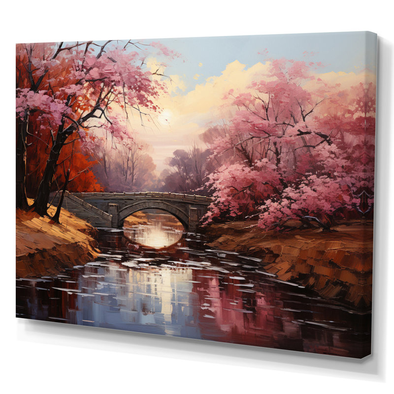Asian Art Cherry Blossom Bidge " Asian Art Cherry Blossom Bidge " Mixed Media Print, 24" H x 32" W x 1" D, Wrapped Canvas
