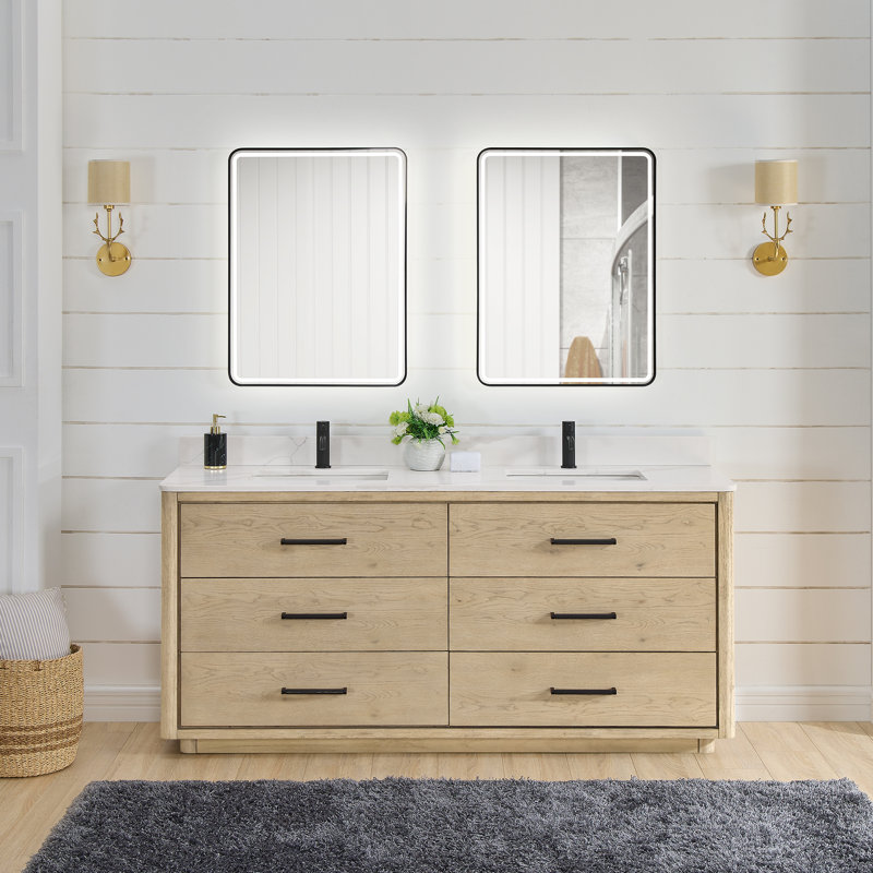 Meuble-lavabo double autoportant 72 po avec plateau en quartz Calacatta Porto, Chêne naturel, Noir mat