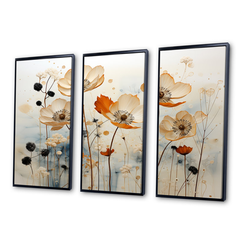 Minimalisme beige et pêche bleuets - ensemble de décorations murales bleuets, Cadre flottant noir, H 40 po x l 60 po x P 1 po