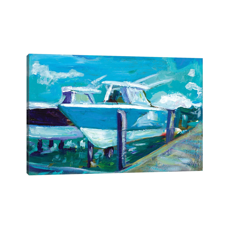 «Docked Boat» par Andy Beauchamp - peinture sur toile tendue, H 18 po x l 26 po x P 1,5 po
