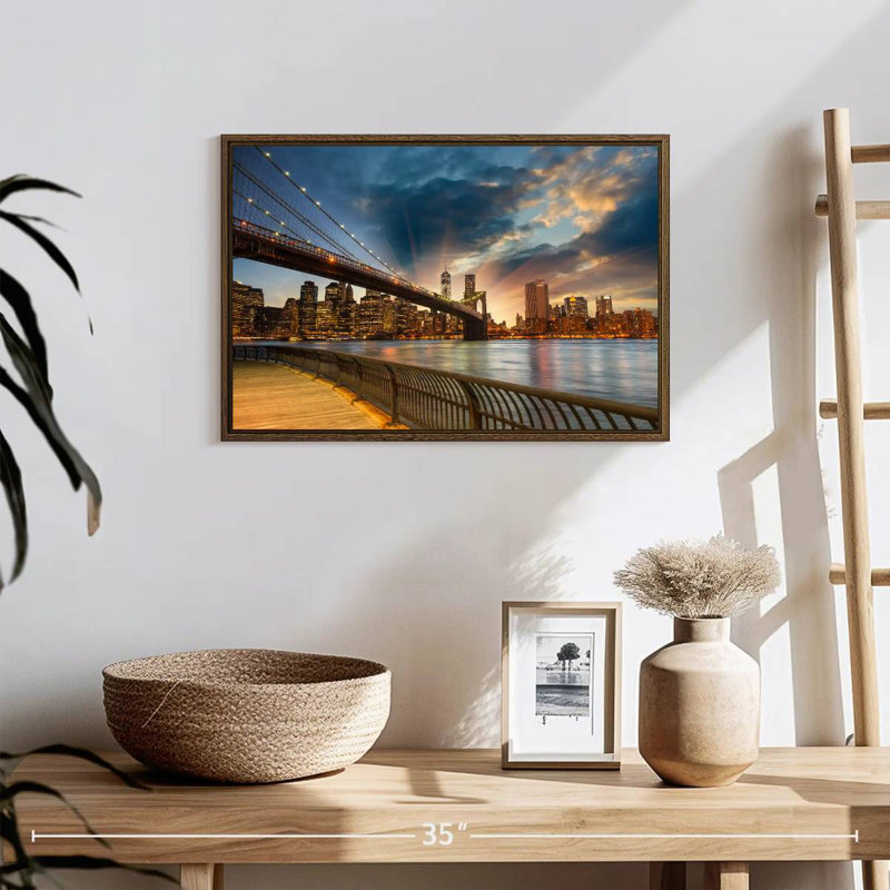 Soleil de Brooklyn Bridge, 19 po x 13 po, Cadre flottant noyer