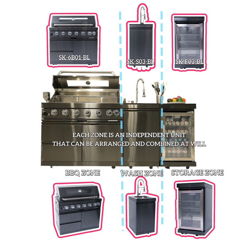 Îlot de cuisine de 43 pouces à 6 brûleurs et 85 000 BTU de cuisine au gaz en acier inoxydable pour barbecue et îlot de cuisine + réfrigérateur à vin compact + ensemble de rôtisserie + comptoirs en granite + évier en acier inoxydable