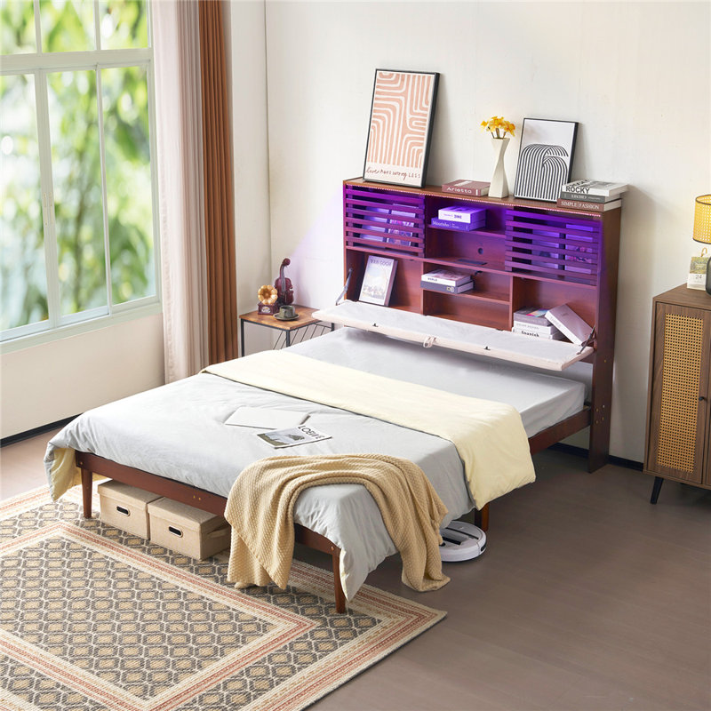 Luxury Wood Bed Frame With LED Upholstered Headboard, Charging Station, Full / Double