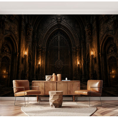 Wall Mural Peel and Stick Wallpaper Gothic Stone Dungeon Wall Arched Doorways Torchlight Illumination Self-Adhesive Removable Contact Paper Wall Decor for Living Room Bedroom 69"H x 96"W