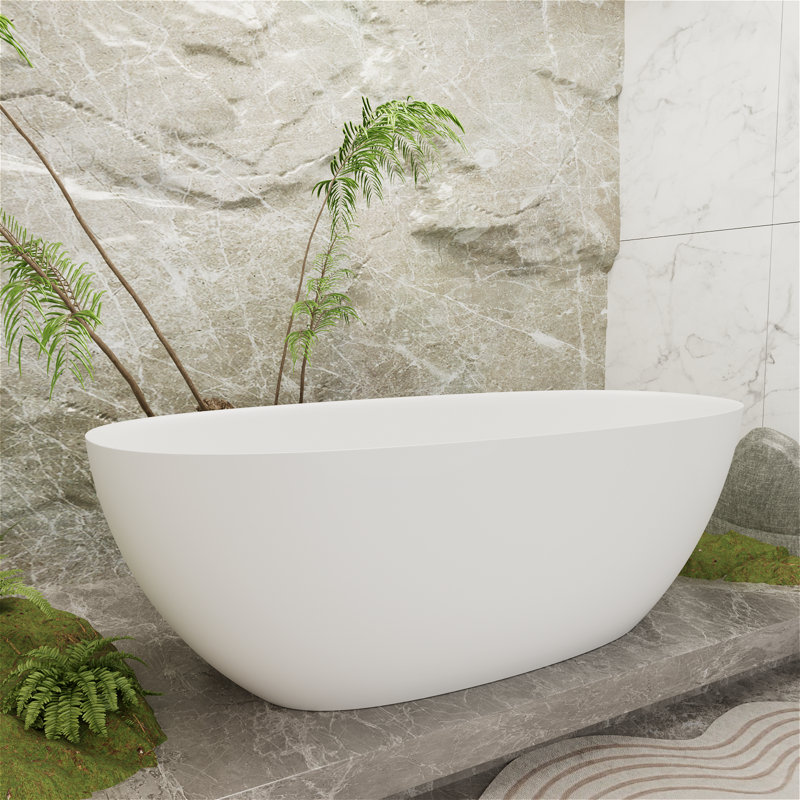 64.98''x 30" Solid Surface Stone Resin Modern Oval Shaped Freestanding Soaking Bathtub With Overflow, Matte White