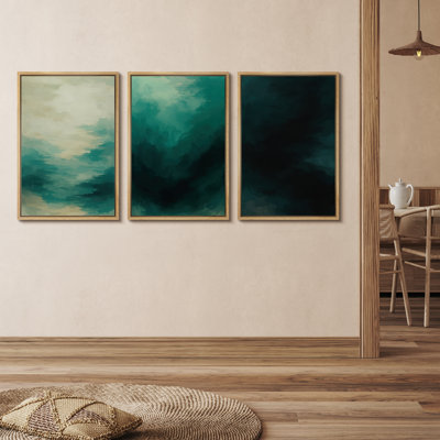 Deep Teal Ocean Depth Gradient Framed Canvas Master Bedroom Wall Art Work 3 Pieces Print