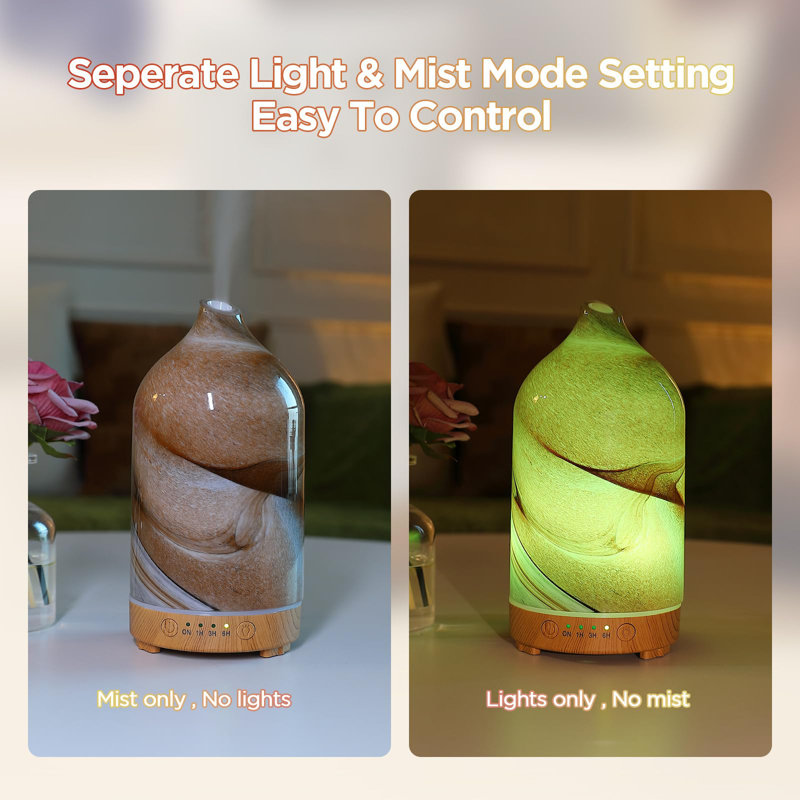 Essential Oil Diffuser Hand Blown Glass Aromatherapy Diffuser - Ultrasonic Cool Mist Scent Aroma Diffuser, Whisper Quiet With Auto Shut-Off, Timer Setting &7 Night Light For Home