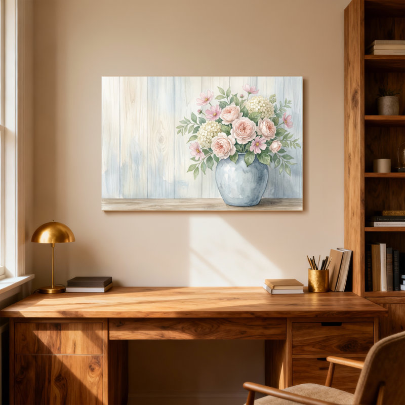 Arrangement floral de plantes et fleurs dans un vase sur fond de bois, H 20 po x l 30 po