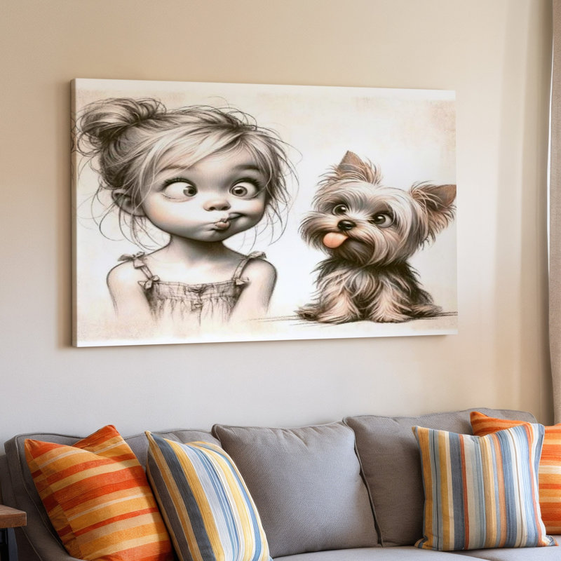 Adorable fille avec une drôle de tête et un petit chien pour chambre d'enfant, 20 x 20 in