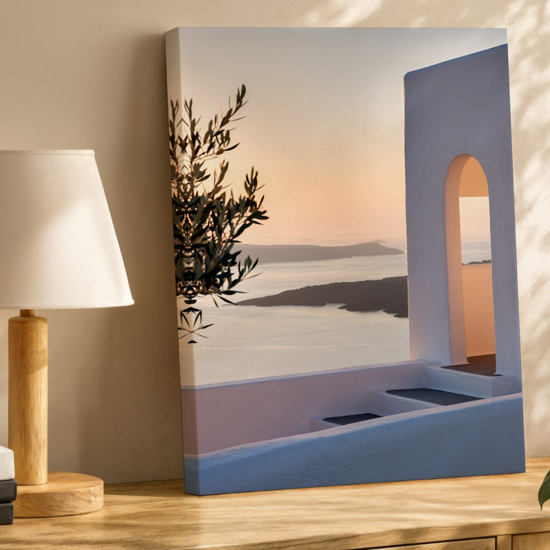 Toile, scène architecturale sereine avec fenêtre arquée blanchie, art mural encadré "Paysage marin tranquille à l'aube"