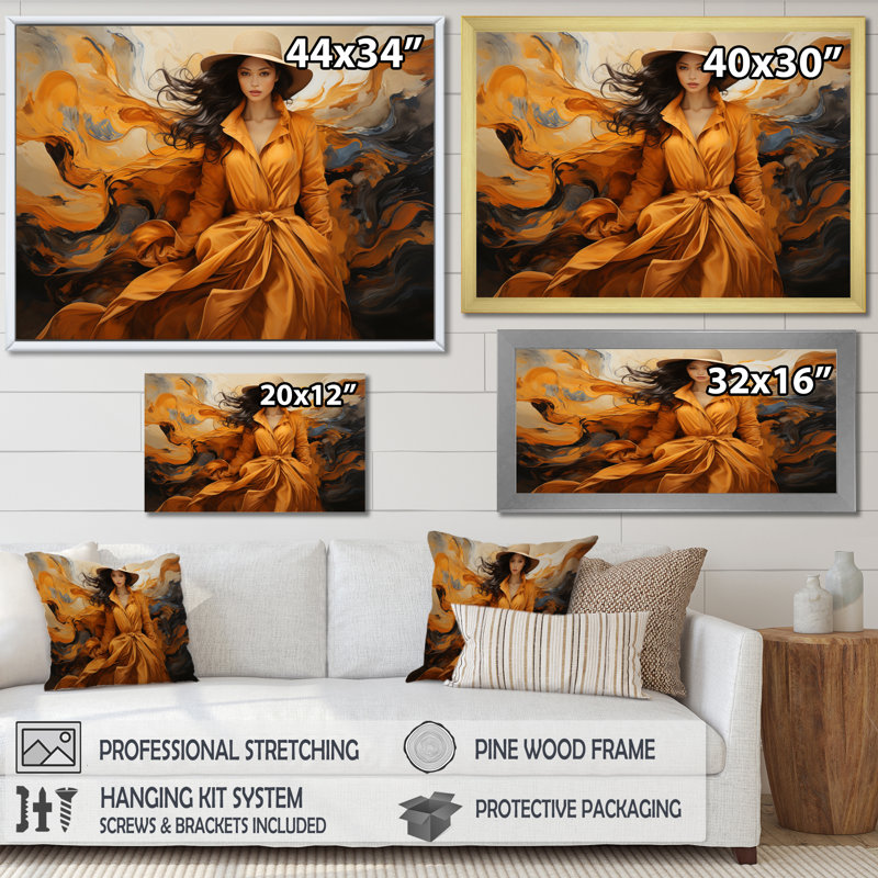 Mouvement de mode orange sur toile I, H 12 po x l 20 po x P 1 po, Encadrement doré