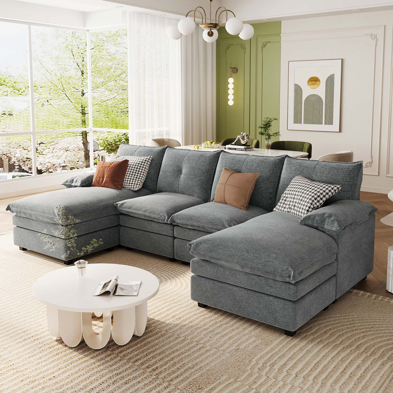 Canapé modulaire en U en chenille avec accoudoirs réglables, Gris