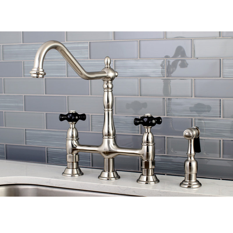 Kingston Brass Duchess Two-Handle 4-Hole Deck Mount Bridge Kitchen Faucet with Brass Side Sprayer, Brushed Nickel
