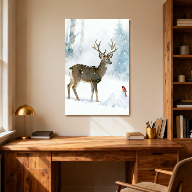 Animaux, hiver, cerf, flocon de neige, cardinal, scène de forêt, reproduction d'art, H 18 po x l 12 po