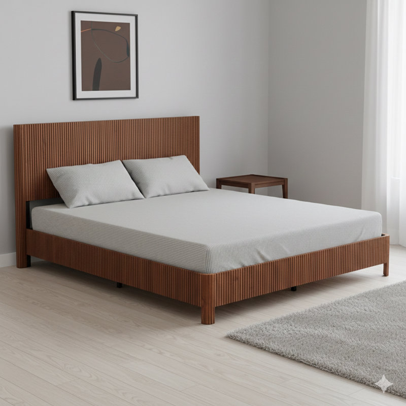 Structure de lit très grand avec une construction en bois avec un design ondulé et une ligne incurvée. Ne nécessite pas de sommier. Finition: Noyer.
