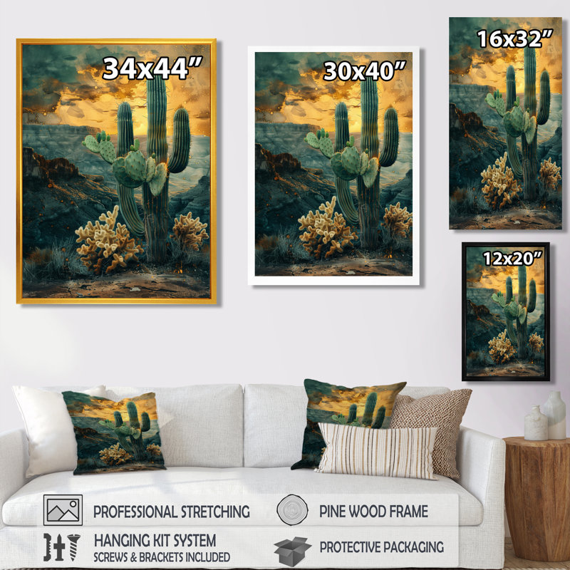 Vert, jaune, gardian du désert, cactus I, Toile encadrée blanche avec une seule photo, H 32 po x l 24 po x P 1 po