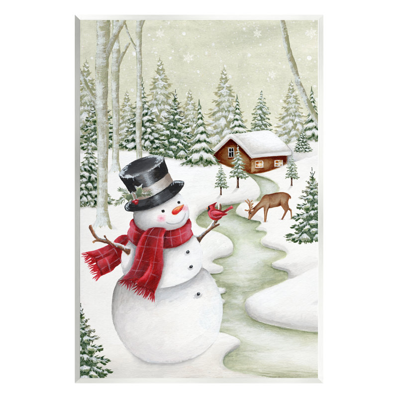 Ba-806-Wood " Snowman On Snowy Path " by Emma Leach Painting Print, 15" H x 10" W x 0.5" D