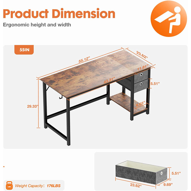 Bureau d'écriture avec 2 tiroirs Norrington, Brun rustique, H 29,3 po x l 55 po x P 23,6 po