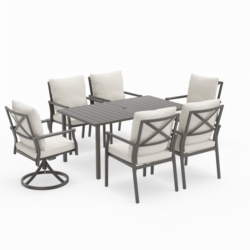 Mcallister 7-Piece Metal Patio Dining Set With 2 Swivel Chairs, Beige Cushions And Umbrella Hole
