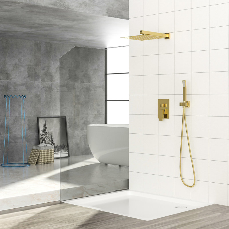 Ensemble de pomme de douche double dorée - carré de 10 pouces fixé au mur avec pluie et fonction facile