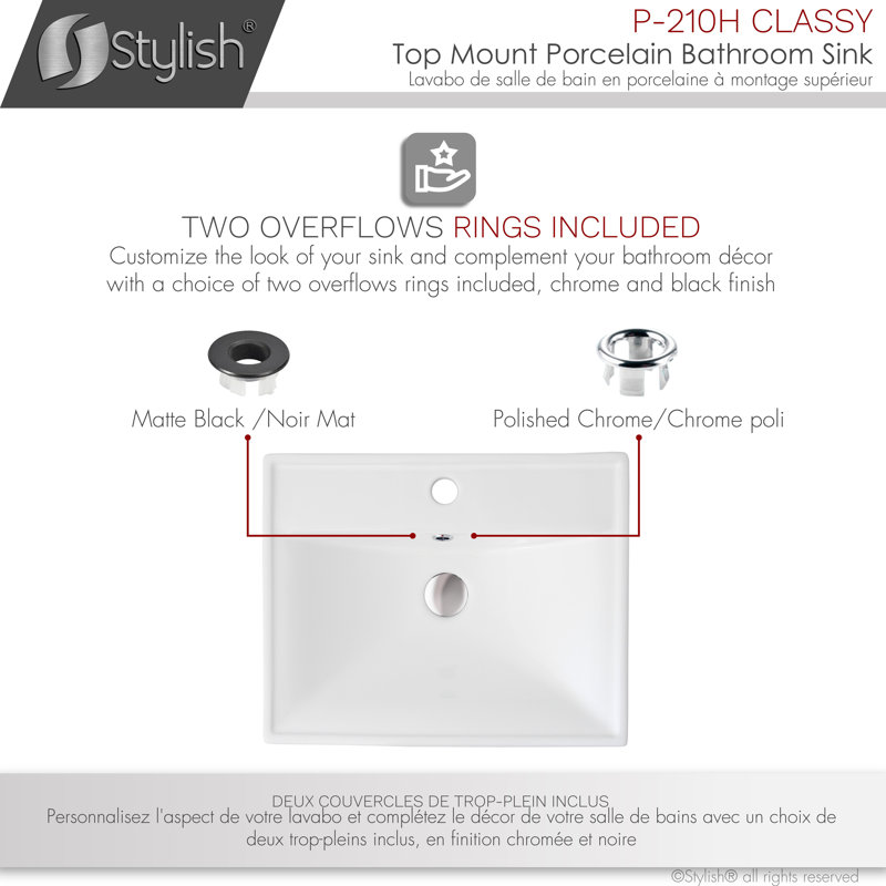 White Rectangular Ceramic Drop-In Bathroom Sink with Overflow