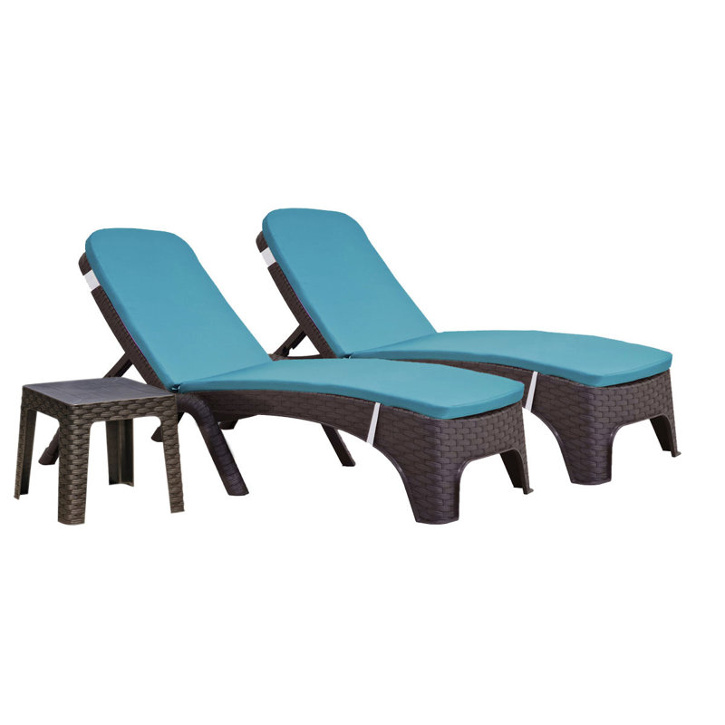 Outdoor Wicker Chaise Lounge Set with Table , Cushion Included, Teal, Brown