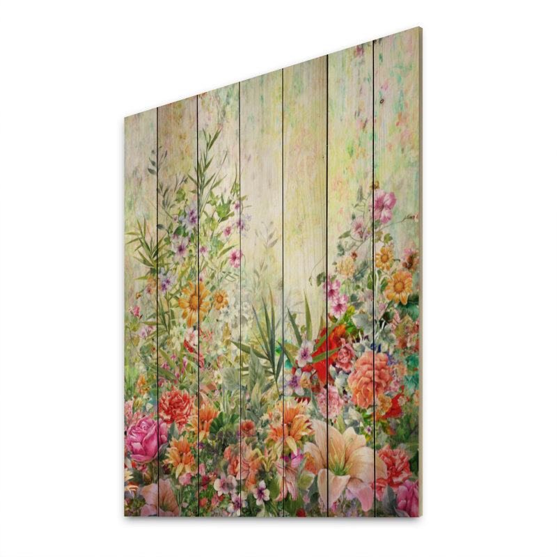 Fleurs de printemps rétro IV - peinture sur bois sans cadre, H 20 po x l 12 po x P 1 po