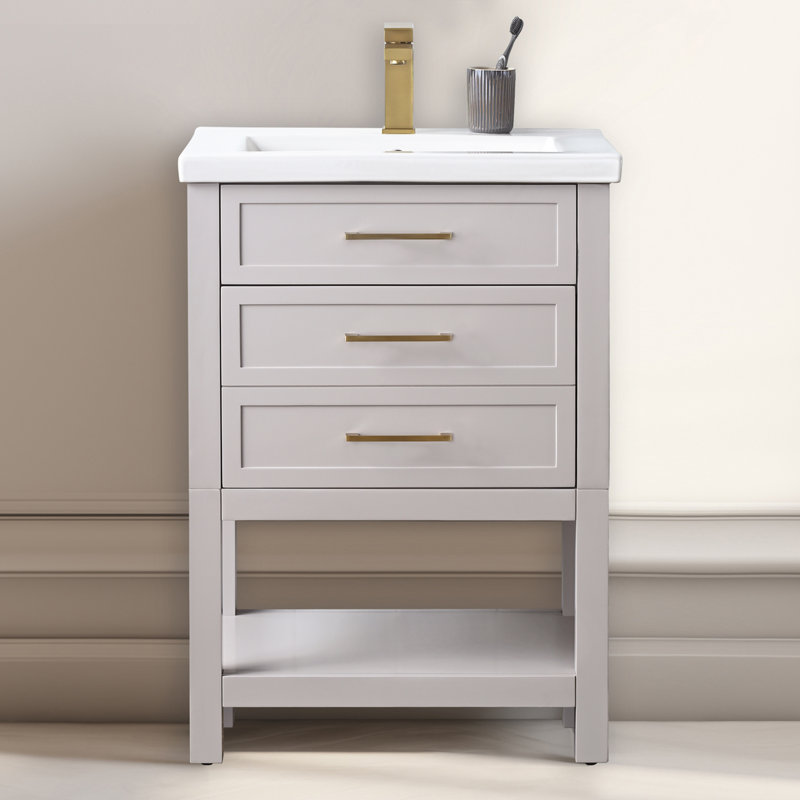 Meuble-lavabo simple 24 po avec comptoir en céramique Vicini, Taupe / or brossé