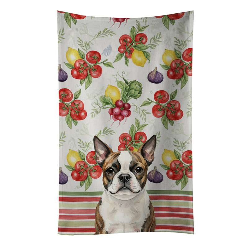 Brindle Boston Terrier Vegetables Kitchen Towel, Brindle Boston Terrier