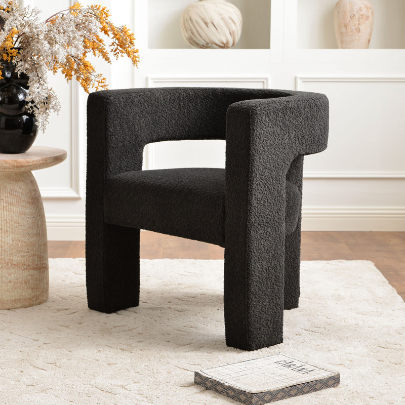 Brycie 28" W Boucle Square Armchair, Jet Black Polyester Blend