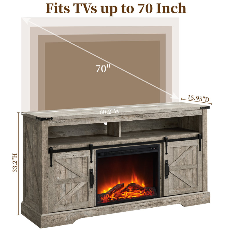 Farmhouse Fireplace Tv Stand For Tvs Up To 70'', Wood Entertainment Center With Electric Fireplace & Timer, Light Rustic