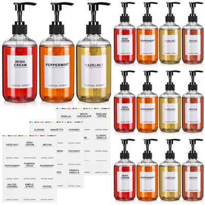 Set Of 12 Coffee Syrup Dispenser PET Syrup Pump Bottle Black Plastic Container With 27 Labels For Kitchen Restaurant Home Bar Accessories Organization(11.8 Oz)